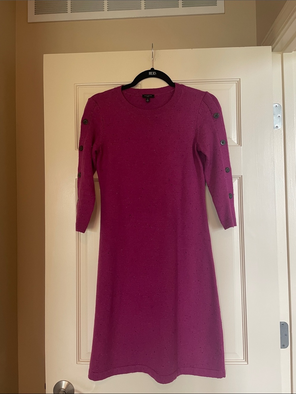 Talbots Magenta Knit Crewneck Dress with Button-Sleeve Detail